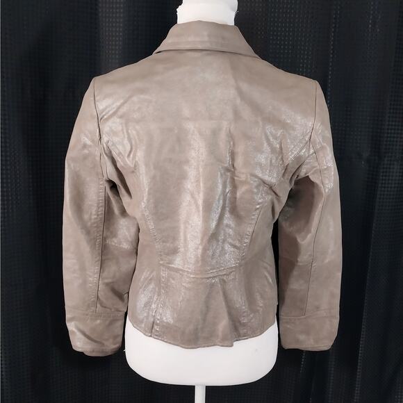 I.E.! GOLDEN TAN/BEIGE SHIMMER, FINE GENUINE LEATHER CROPPED JACKET, COAT! SZ S - Picture 7 of 12